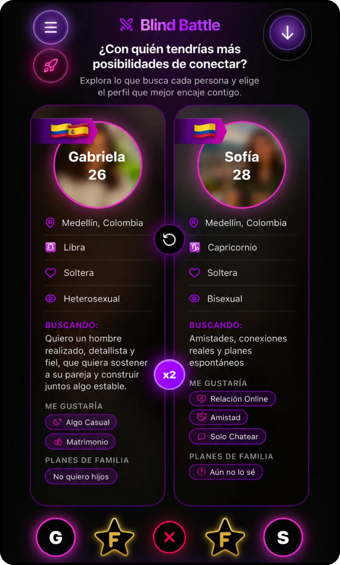 Captura de Blind Battle: dos perfiles enfrentados para elegir según lo que cada persona busca en la otra.