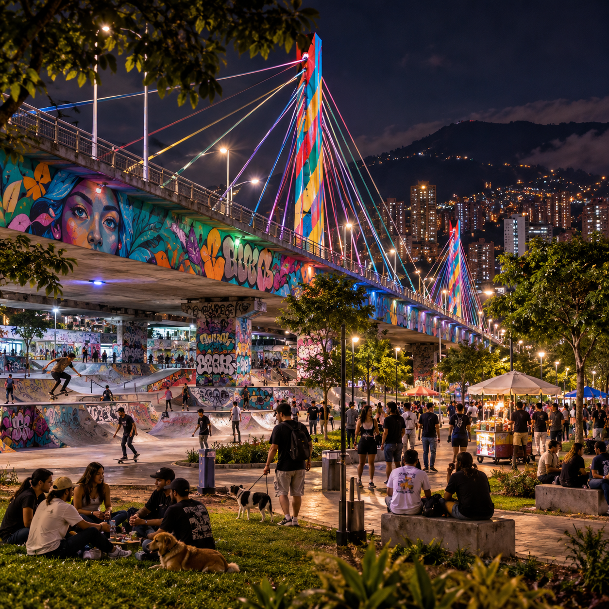 Gente reunida de noche bajo el puente iluminado de Medellín