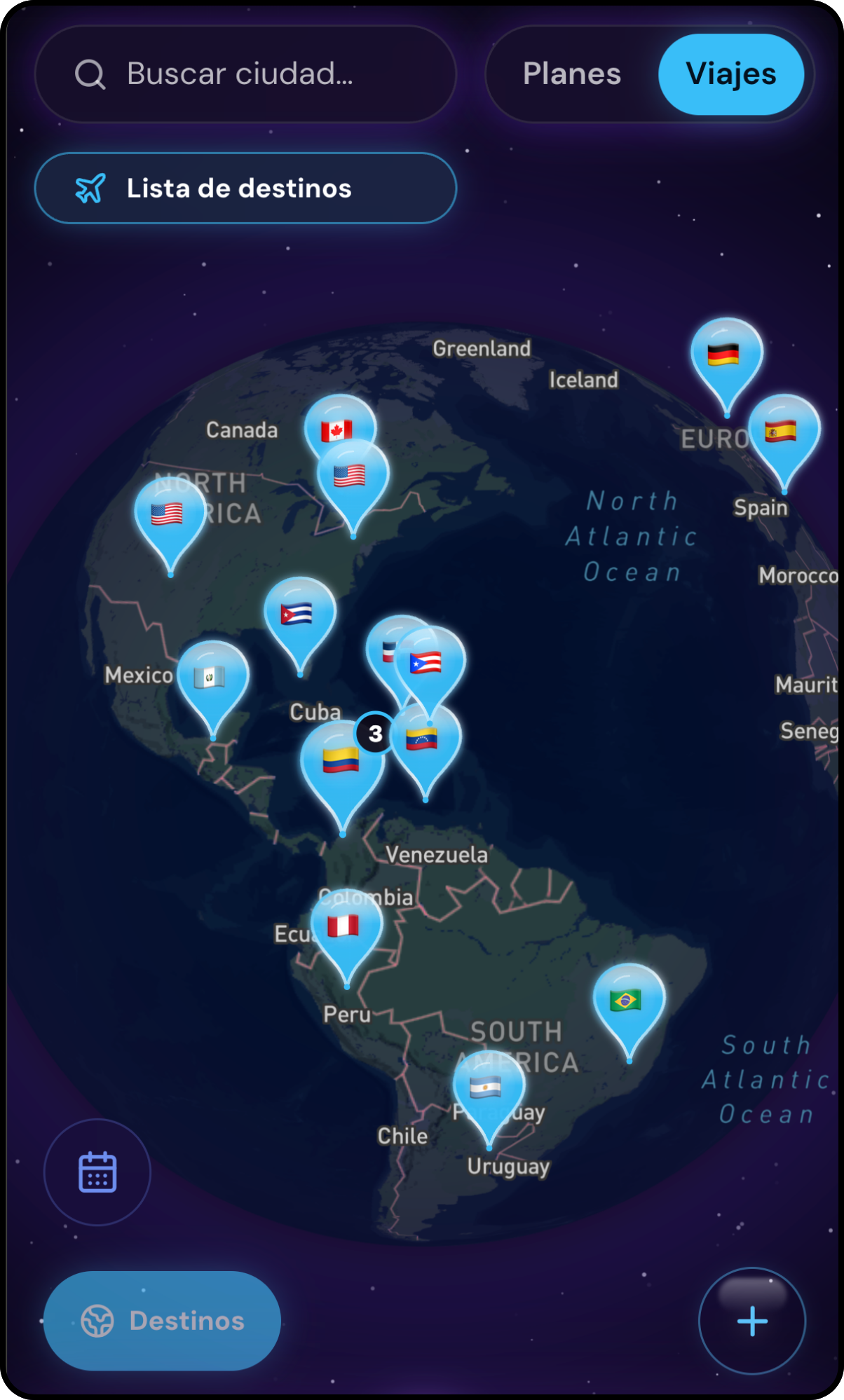 Captura del mapa mundial de Destinos para encontrar compañeros de viaje.