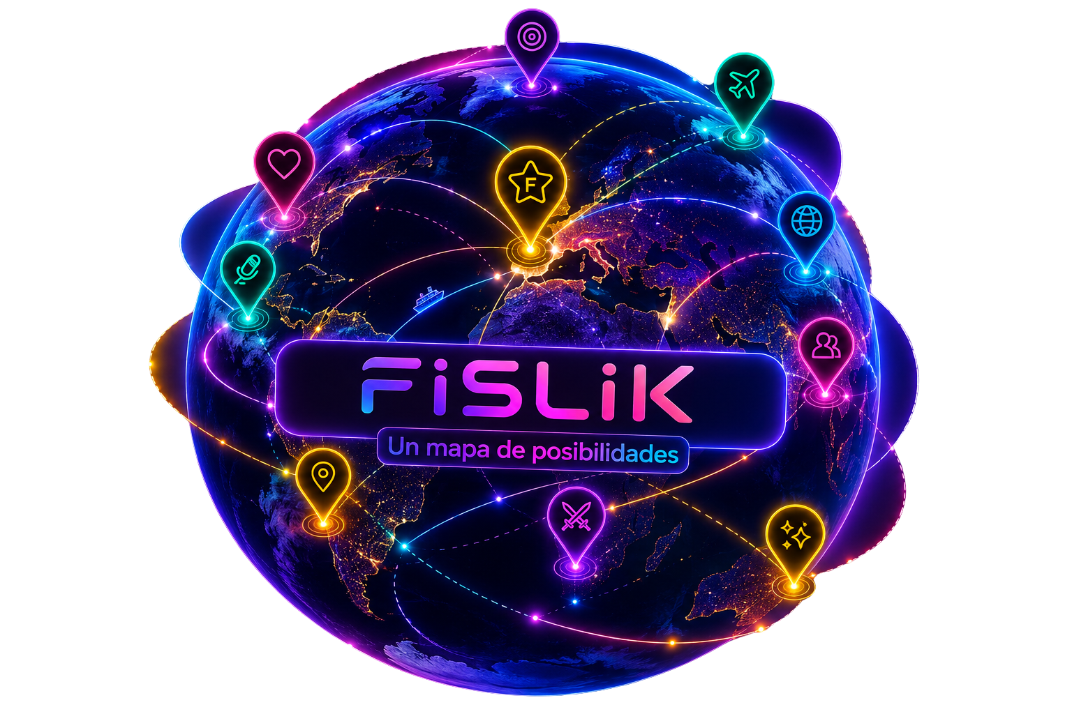 Globo neón de Fislik con pines de planes, viajes y personas