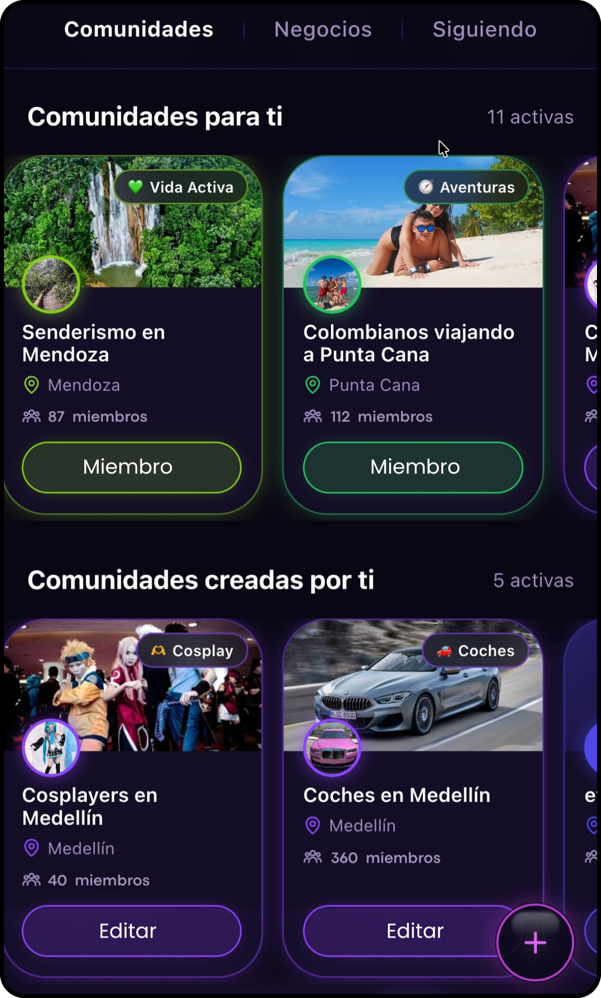 Captura de Comunidades: grupos locales temáticos para unirte y participar.
