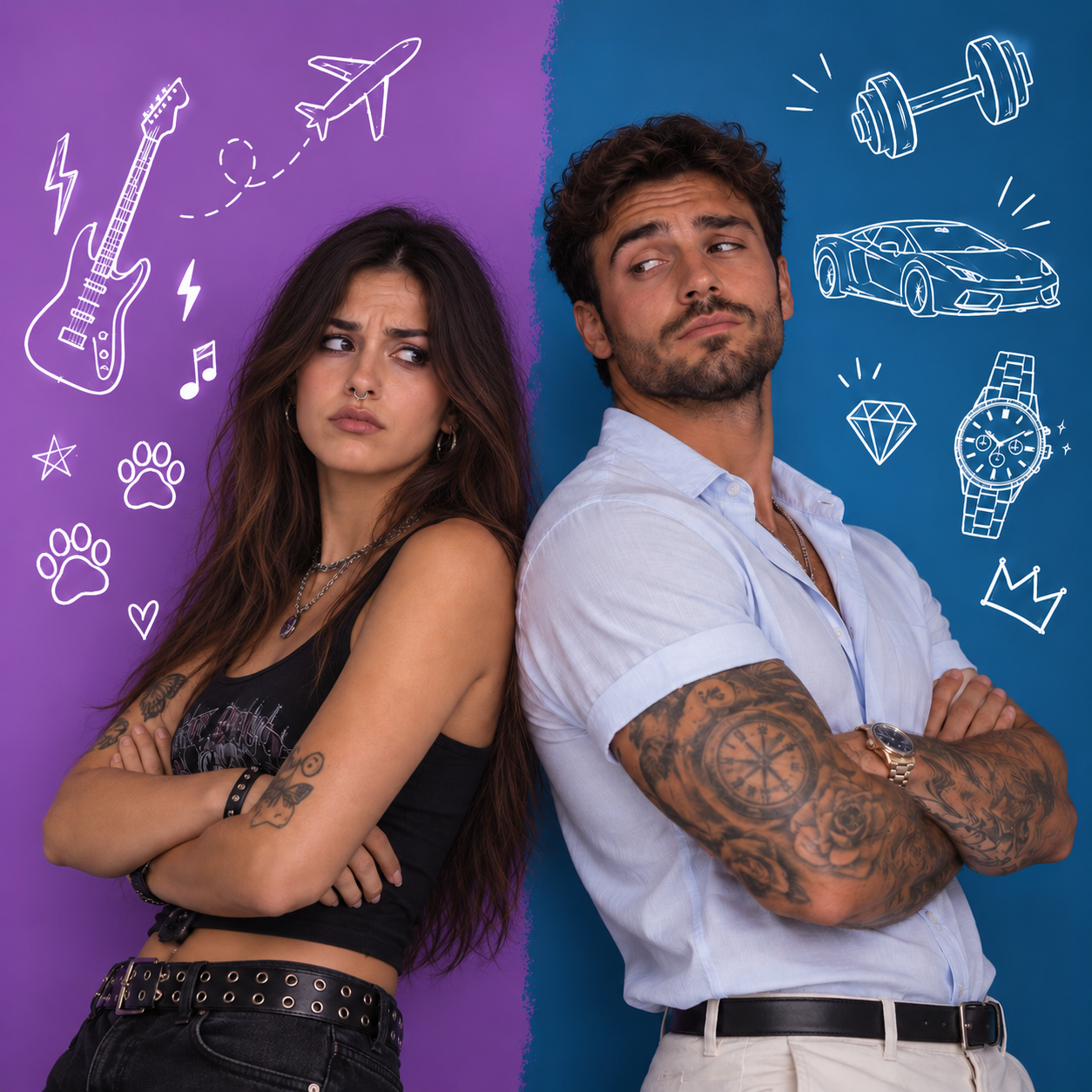 Dos personas de espaldas con intereses opuestos dibujados alrededor