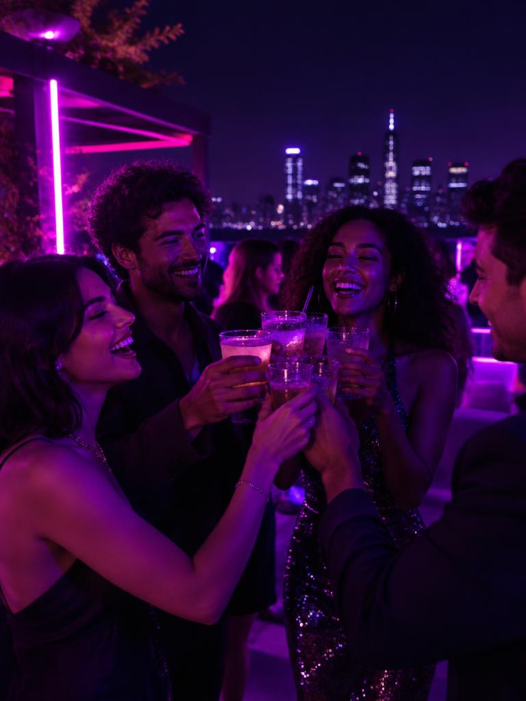 Amigos brindando en una terraza por la noche