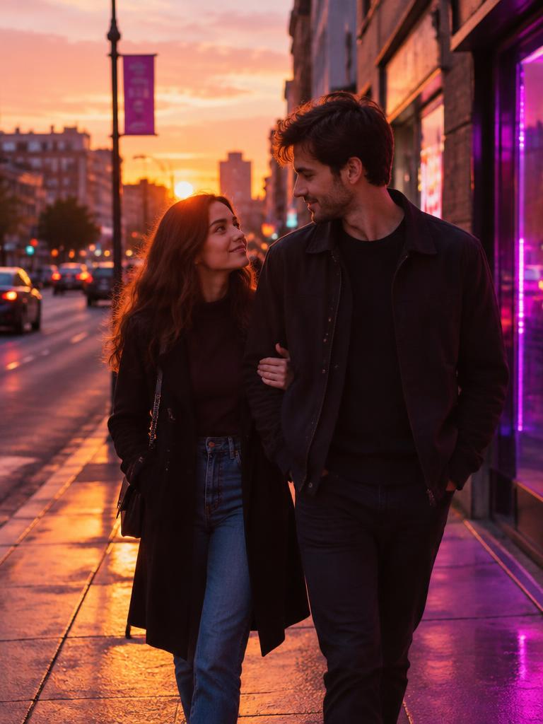 Pareja paseando por la ciudad al atardecer