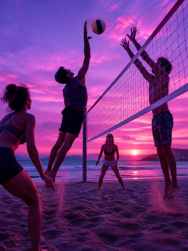Partido de vóley playa al atardecer