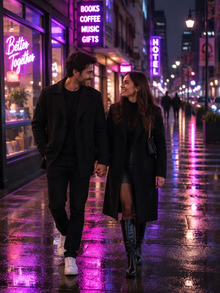 Pareja paseando entre luces de neón