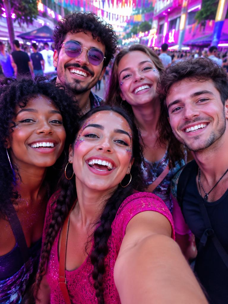 Selfie de grupo en una fiesta de calle