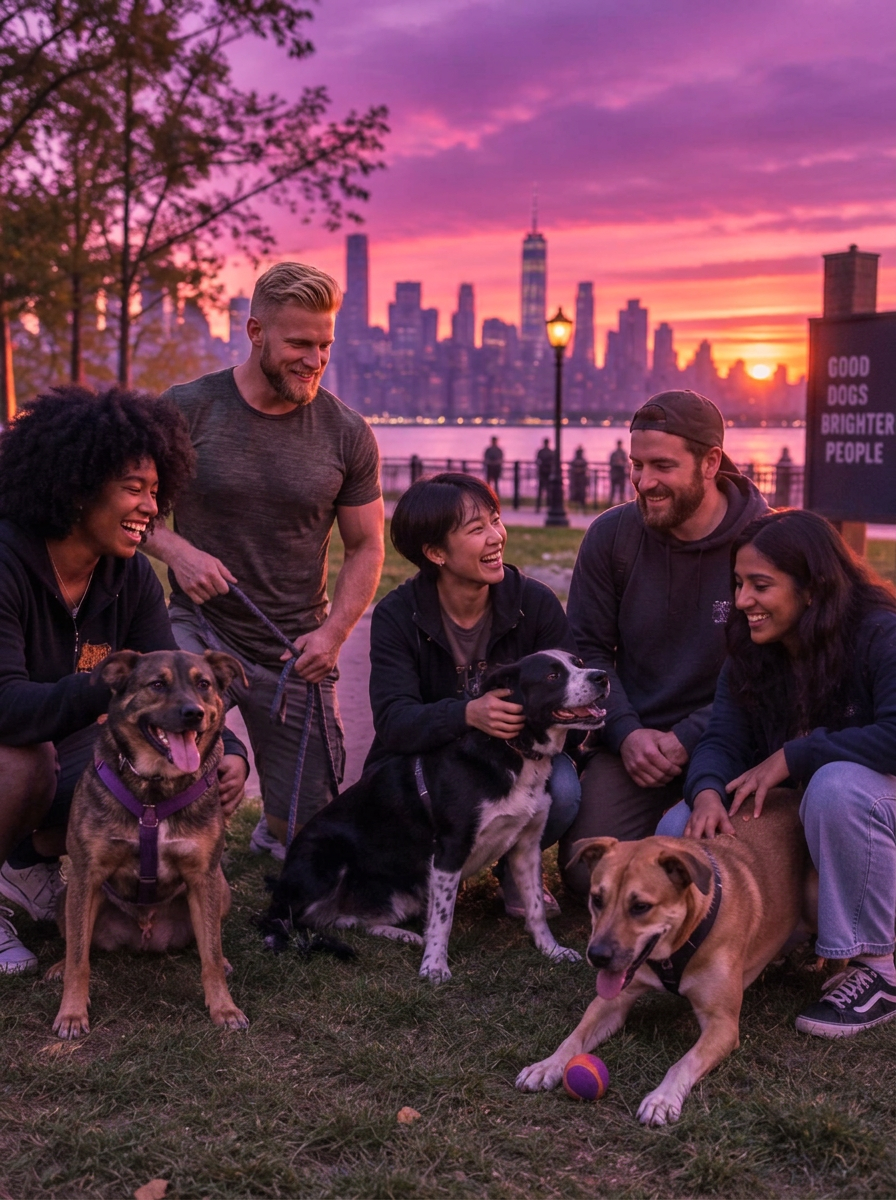 Quedada de amigos con sus perros en un parque al atardecer