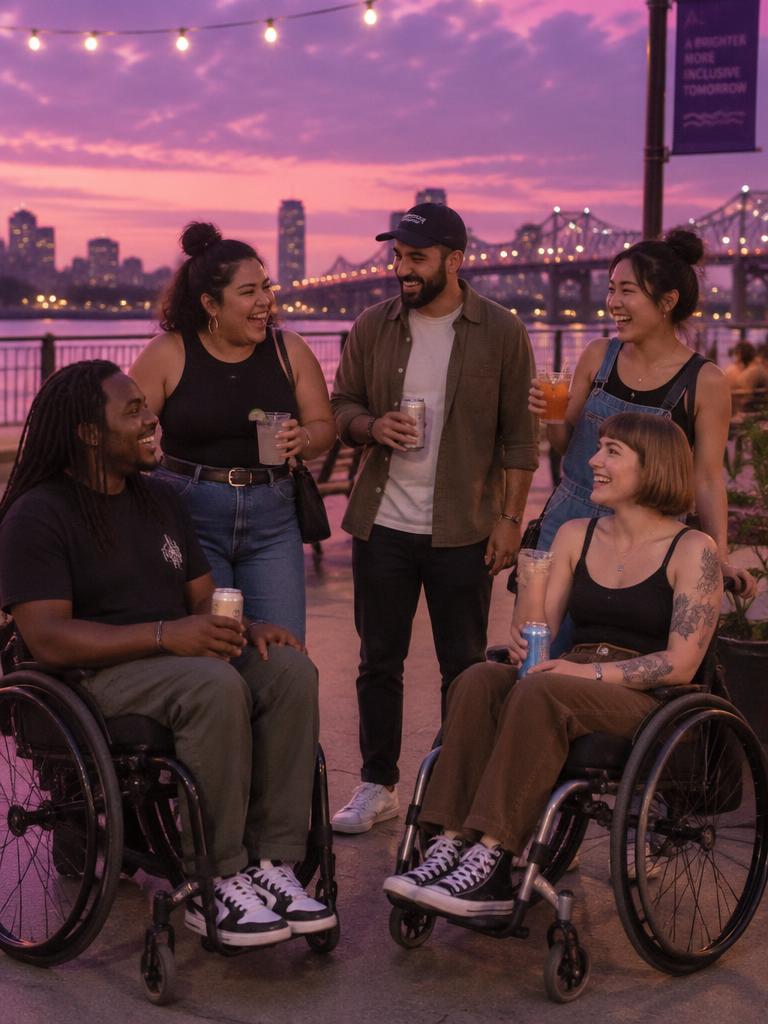 Plan accesible: amigos, dos de ellos en silla de ruedas, tomando algo junto al río