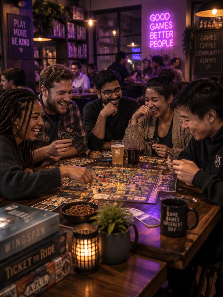 Grupo de amigos jugando a un juego de mesa en una cafetería