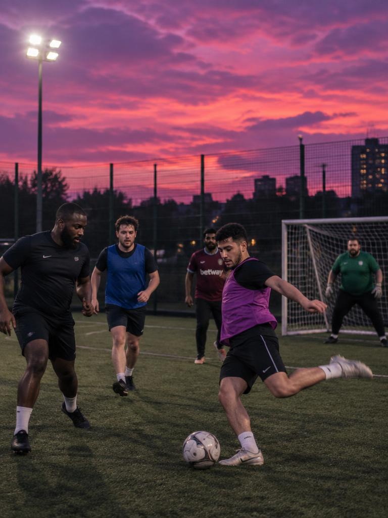 Partido de fútbol entre amigos en una cancha al atardecer