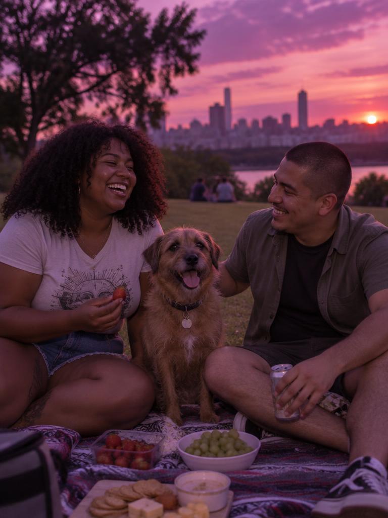 Dos amigos de picnic en el parque con su perro