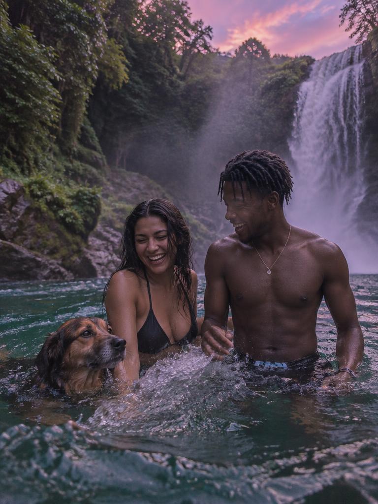 Dos amigos bañándose en un río con cascada junto a su perro