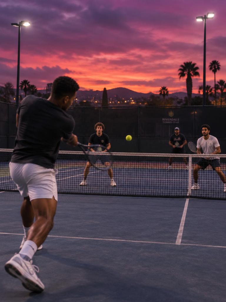 Partido de tenis de dobles entre cuatro chicos